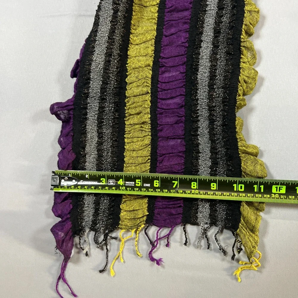 Boho Ruffle Scarf Multicolor Striped Metallic Knitted Crinkle Fringe Shawl Wrap